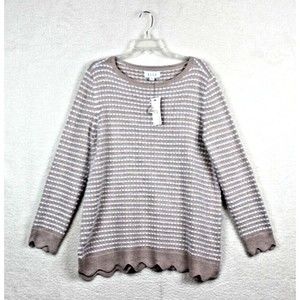 ELLE Sweater Beige White Long Sleeve Knit Top Size XL Scalloped Hem